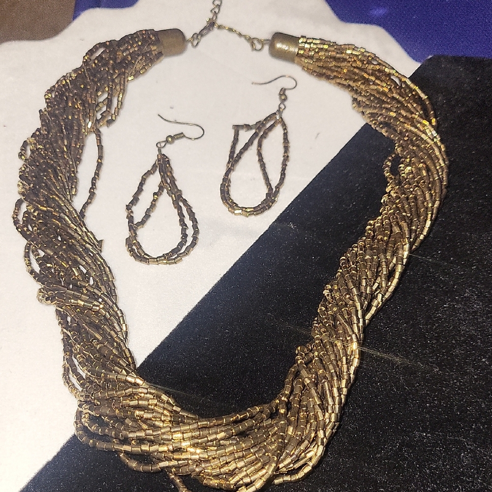 Elegant Gold Beaded Necklace and Earring Set